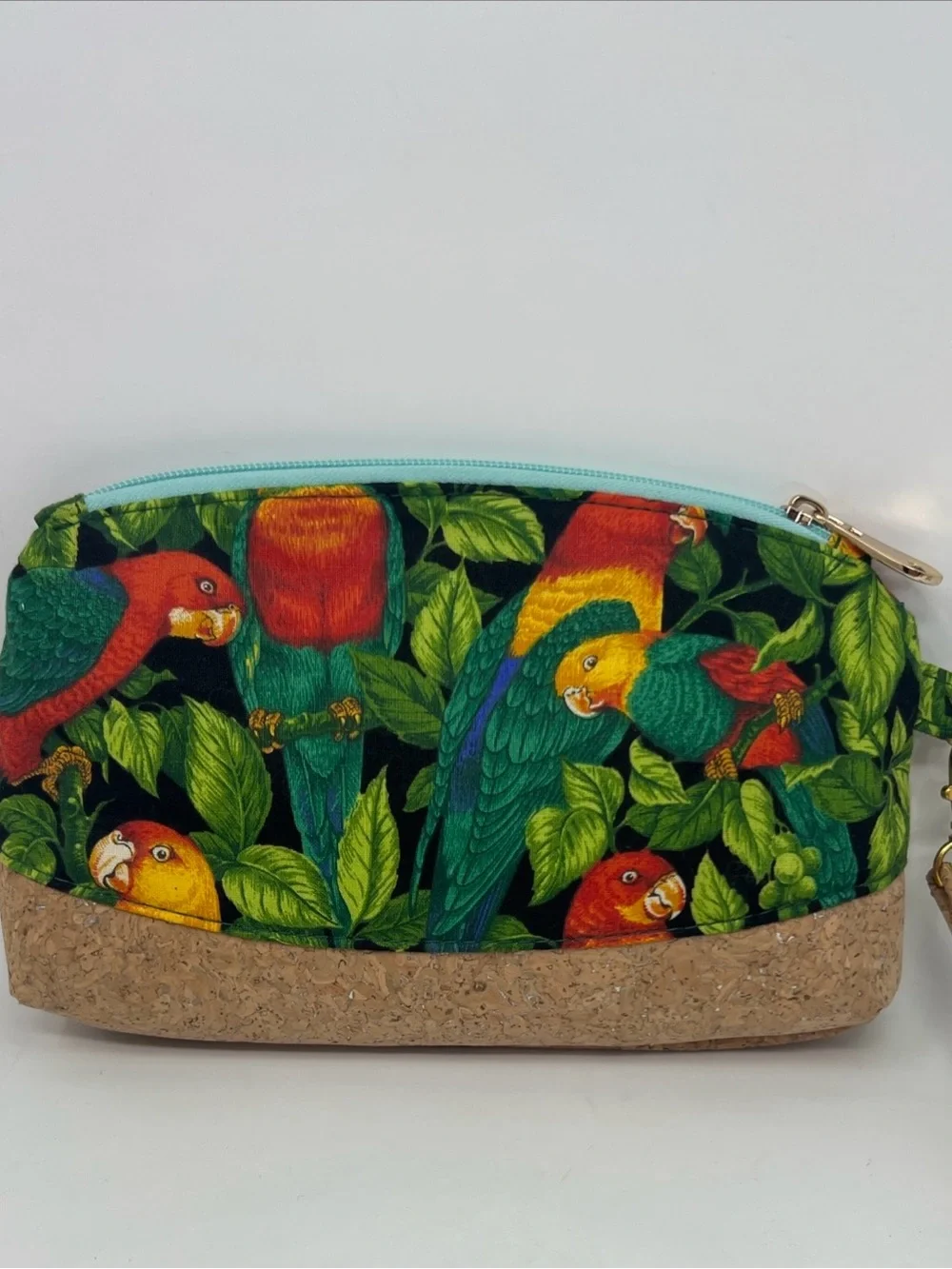 Handmade Tropical Parrot Cork Fabric Wristlet  Zipper Pouch Clutch Bag